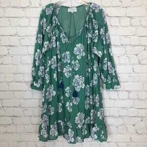 Navy Bleu Green Floral Dress Size L 100% Cotton Pockets